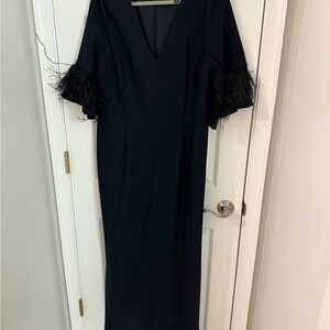 Aidan Mattox Dark Blue Long Sleeve Dress with Feather Accents